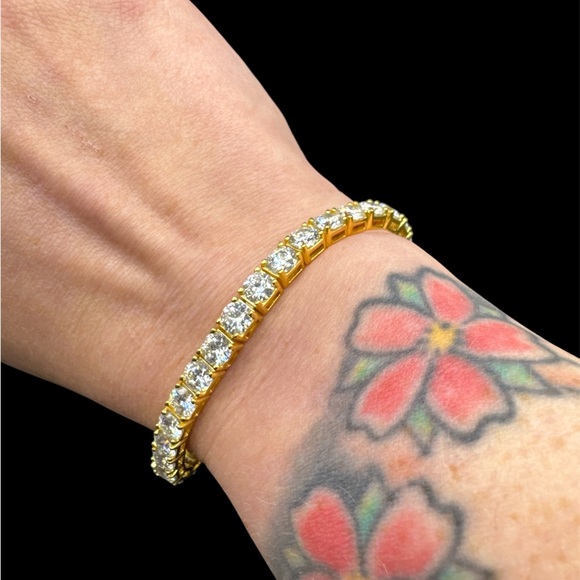 Jewelry - Certified Sterling Silver Yellow Gold Plated Huge Moissonite Tennis Bracelet 5MM